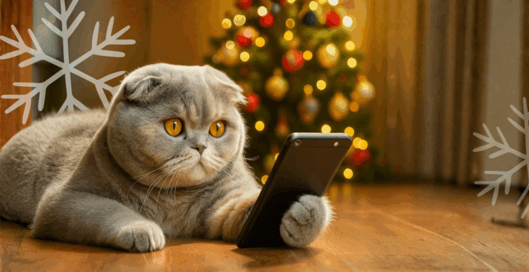 Eine Katze hält ein Smartphone